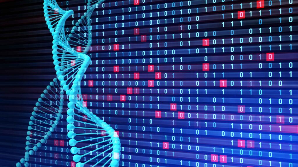 Artist impression of DNA helix and data (zeros and ones)